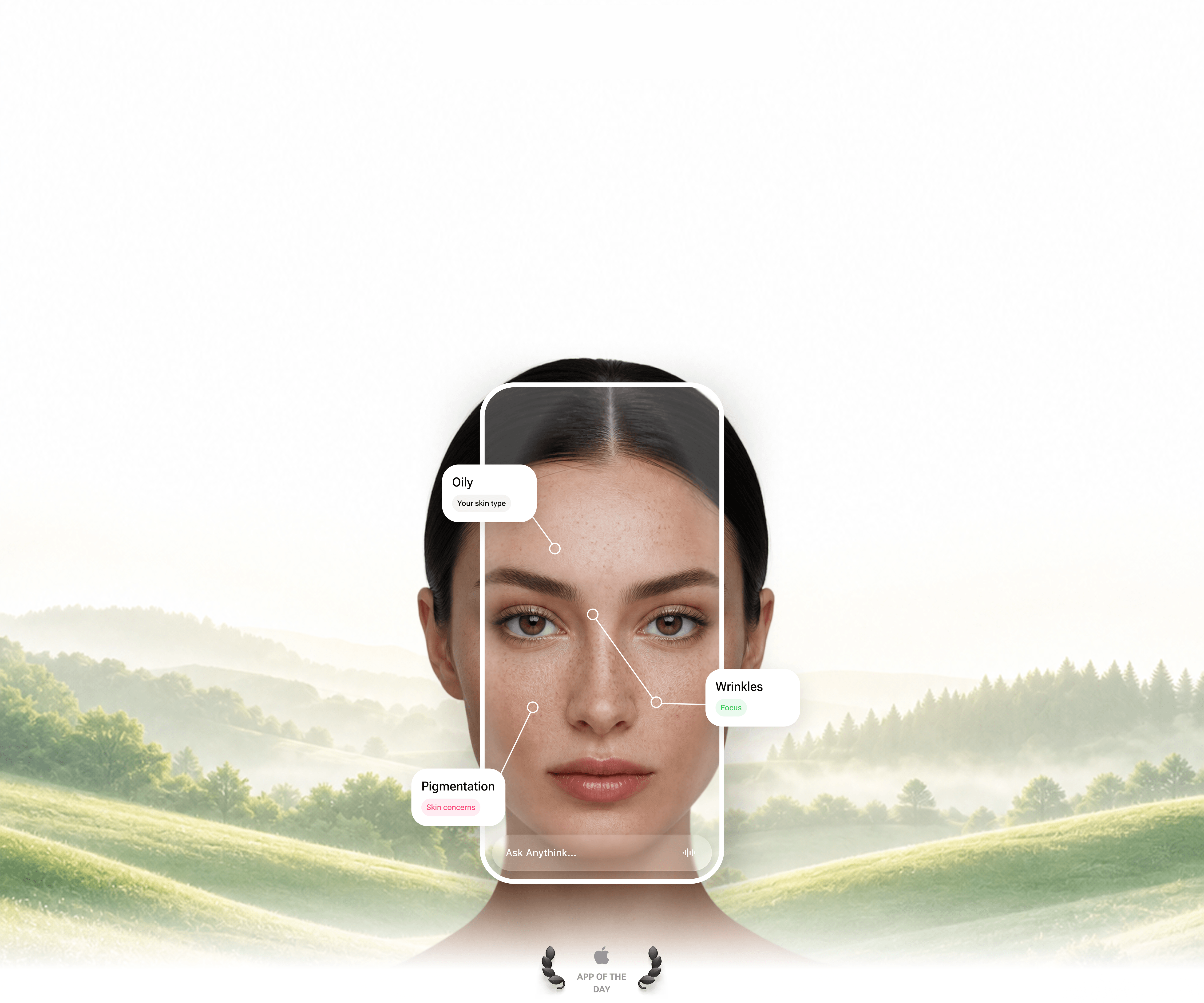 Rhovie AI skin scan highlighting skin type, wrinkles, and pigmentation on a portrait